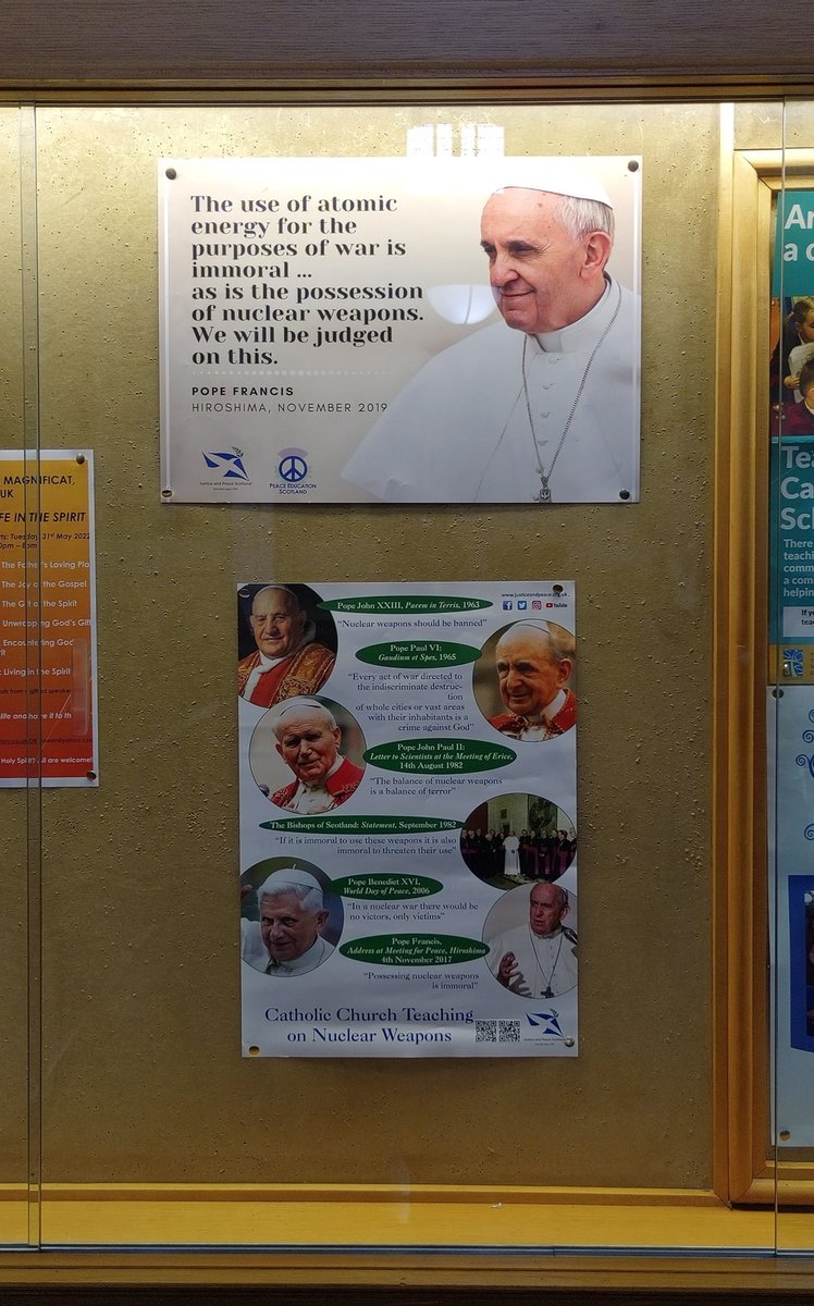 JandPScotland's tweet photo. So pleased to see this today, St Mary’s Cathedral in Aberdeen have our posters on #NuclearWeapons displayed on their notice board 👏🙏
Well done!
#nuclearbanweek 18-23 June #Vienna #BanTreaty @StMarysAberdeen #nuclearban #churchteaching https://t.co/zYkLugeHeO