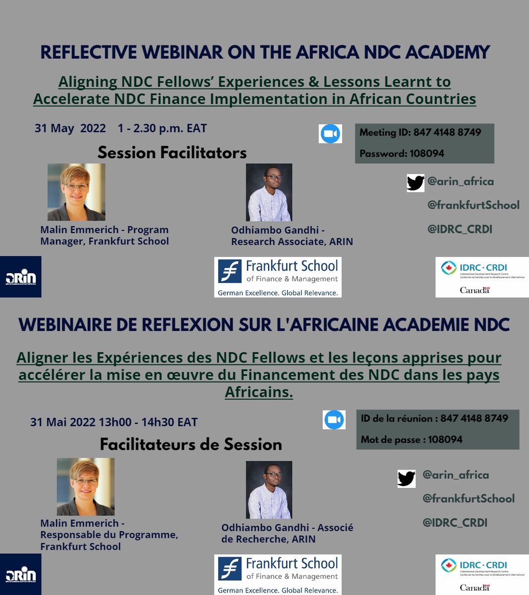 arin_africa's tweet photo. Happening now, A reflective Webinar on the Africa NDC Academy. 
#NDCAcademyAfrica
#NDCFinanceFellowhip
@IDRC_LAC @FrankfurtSchool @arin_africa https://t.co/mCcRYaA1Cv