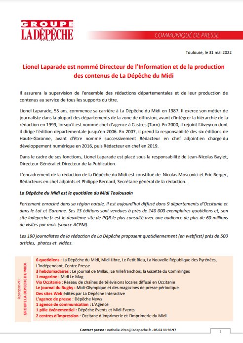 Cette nomination m'honore et m'oblige. Voici, entre autres raisons, pourquoi j'aime profondément <a href="/ladepechedumidi/">La Dépêche du Midi</a>, belle et grande maison républicaine qui permet encore un parcours comme le mien. Merci <a href="/JNBaylet/">Jean-Nicolas Baylet</a> pour votre confiance. C'est parti pour de nouveaux défis!