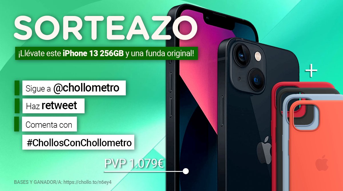 NUEVO HASHTAG! PARTICIPA! 💪💪💪

- Seguir a Chollometro
- Hacer retweet
- Comentar con #ChollosConChollometro

Llévate un iPhone 13 con funda original por la cara!