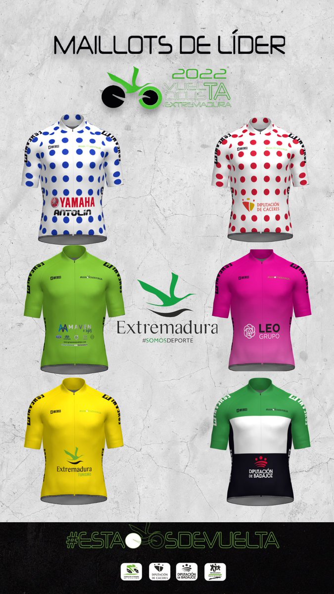 ❗️❗️Aquí están los maillots que vestirán los líderes en la
<a href="/vuelta_ex/">Vuelta Extremadura 2026</a>❗️❗️
.
 ¡Gracias a todos los patrocinadores! 
.
🚴‍♀️Recambios Antolín, Yamaha, Diputacion Cáceres, Diputación Badajoz, Grupo Leo, Maven e Hijos, Junta de Extremadura🚴‍♀️
.
#estamosdevuelta #comienzalacuentaatras