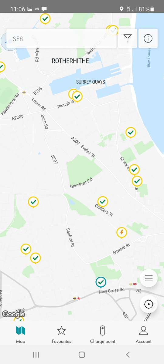 BenceTra's tweet photo. @LewishamCouncil @lewishamhomes @PaulBell1971 why we don't have any of the cheapest car recharging points North of Deptford Park? Distribution of points charging £24 p/Kw given in picture. None are next to us! Instead we have expensive 69 p/Kw which are unusable!!

1/2 https://t.co/VbKcEVaBG9