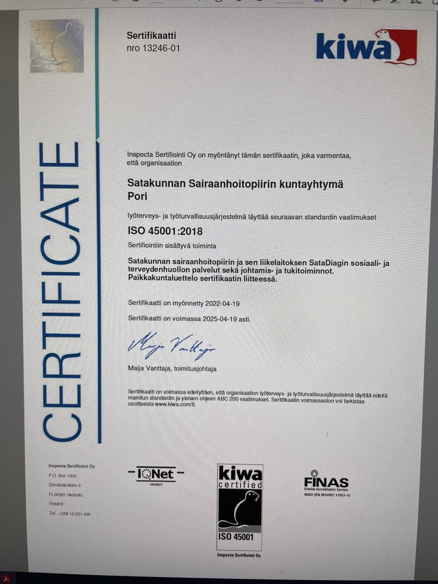 MannermaaKatri's tweet photo. Siinä se on viimein. Neljä vuotta työtä yhdessä. Työ alkaa nyt @Satasairaala @KiwaInspectaFI #iso45001 kiitos Satasairaala!! https://t.co/gfuQJSjdTi