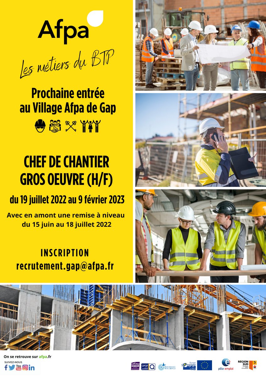 AFPA_PACA's tweet photo. Devenez un pro du #btp à @AFPA_PACA de #GAP 👍
#chef de #chantier #grosoeuvre - Il reste encore des places - Votre contact recrutement.gap@afpa.fr https://t.co/9XbadFVhf9