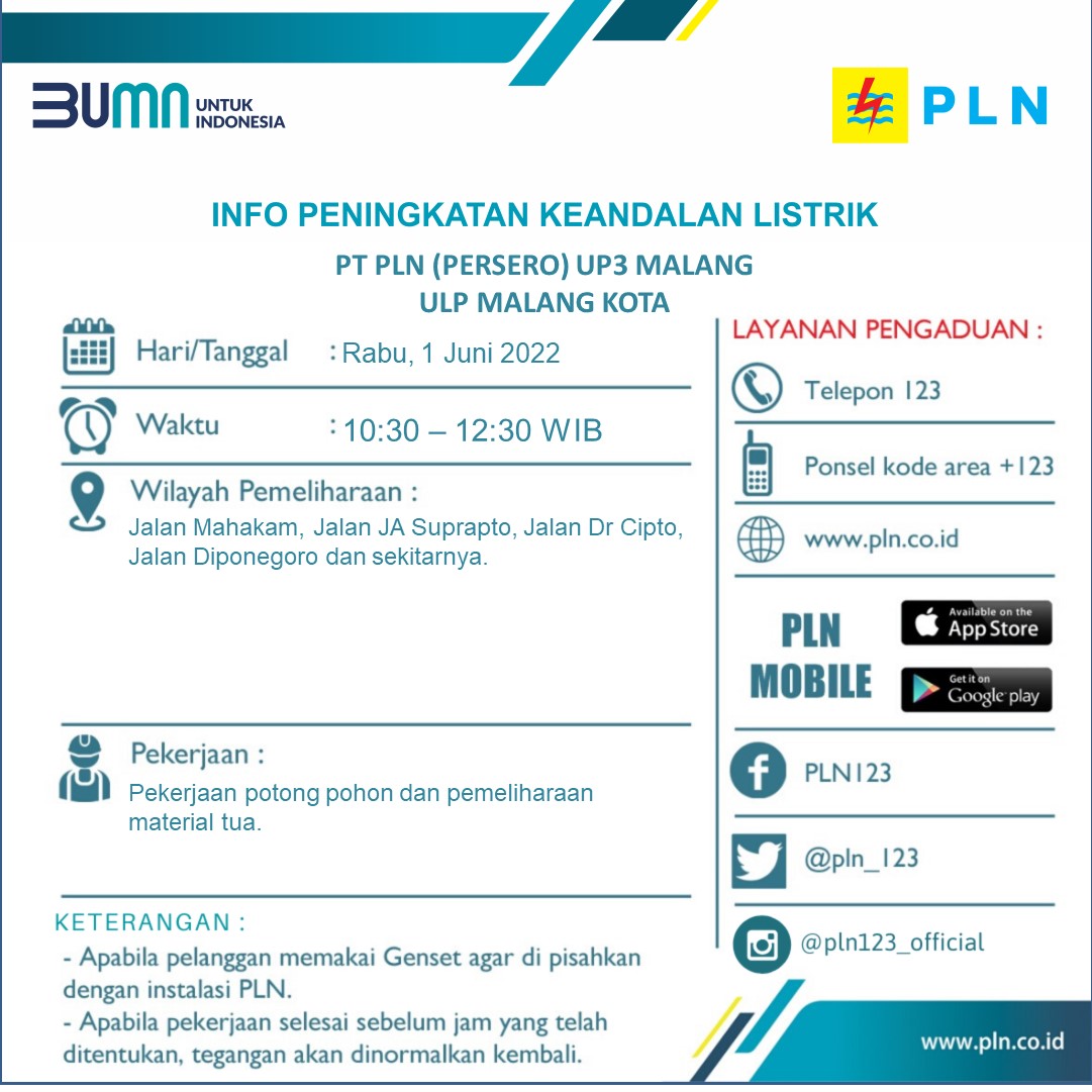 Info peningkatan keandalan listrik Rabu 1 Juni 2022 ulp malang kota <a href="/infomalang/">Info Malang</a> <a href="/RRIMalang/">RRI Malang I Kanal Informasi dan Inspirasi</a> <a href="/Senaputra_FM/">Senaputraᅠᅠᅠᅠᅠᅠᅠᅠᅠ</a> <a href="/cityguide911fm/">City Guide 911 FM</a> <a href="/kabmalanginfo/">KAB MALANG INFO</a> #Malang