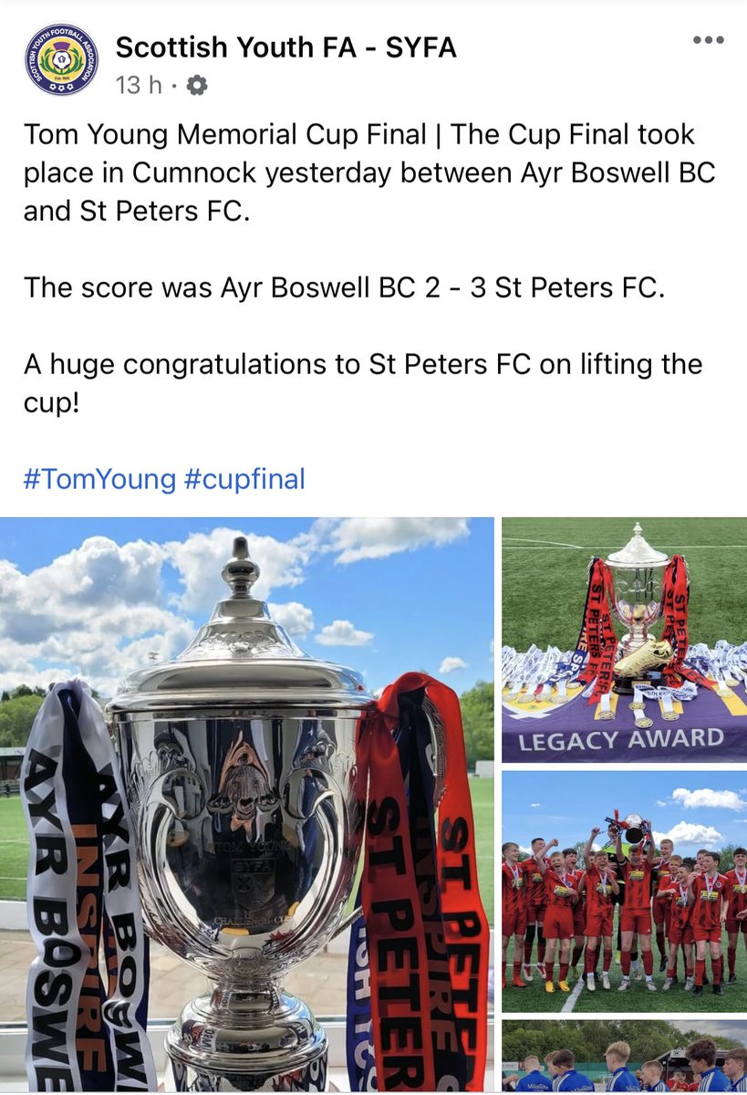 MauraCurrie's tweet photo. Congratulations to St Peter’s 08s on winning the Tom Young Memorial Cup on Sunday against a strong Ayr Boswell team! ⁦@StPetersFC1984⁩ ⁦@ScottishYouthFA⁩ #TomYoung #CupFinal https://t.co/LNn2b0qxw5