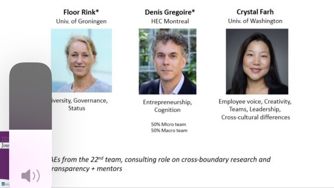 The Incoming Editorial Team of AMJ - Part 2: Three of the “Micro" Editors
Floor Rink, Univ. of Groningen
Denis Gregoire, HEC Montreal
Crystal Farh, Univ. of Washington

With special thanks to Floor and Denis, who stay on from the outgoing editorial team!
