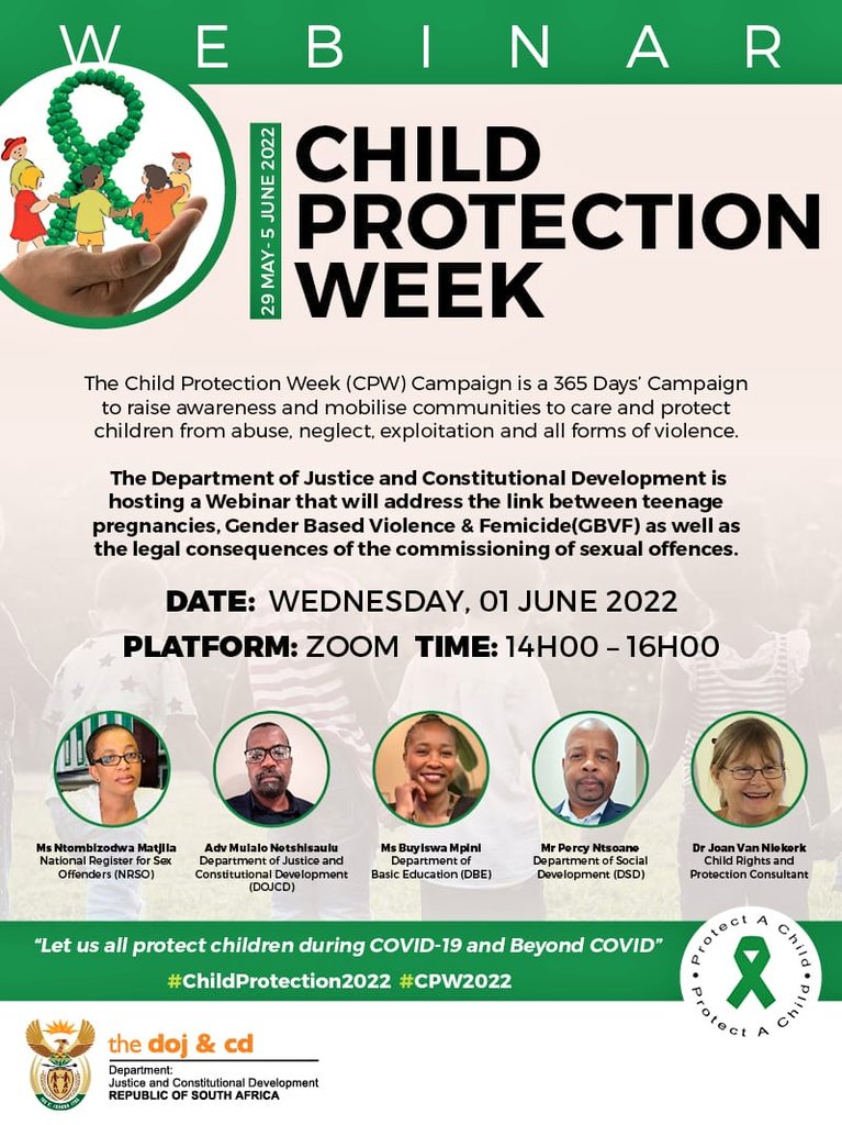DOJCD_ZA's tweet image. You are invited to participate in a webinar on the link between teenage pregnancy, sexual offences and femicide that will be held on Wednesday, 01 June 2022.  You may join the webinar by following the Zoom link below:
 gcis.zoom.us/j/92414325307

#CPW2022
#ChildProtectionWeek2022