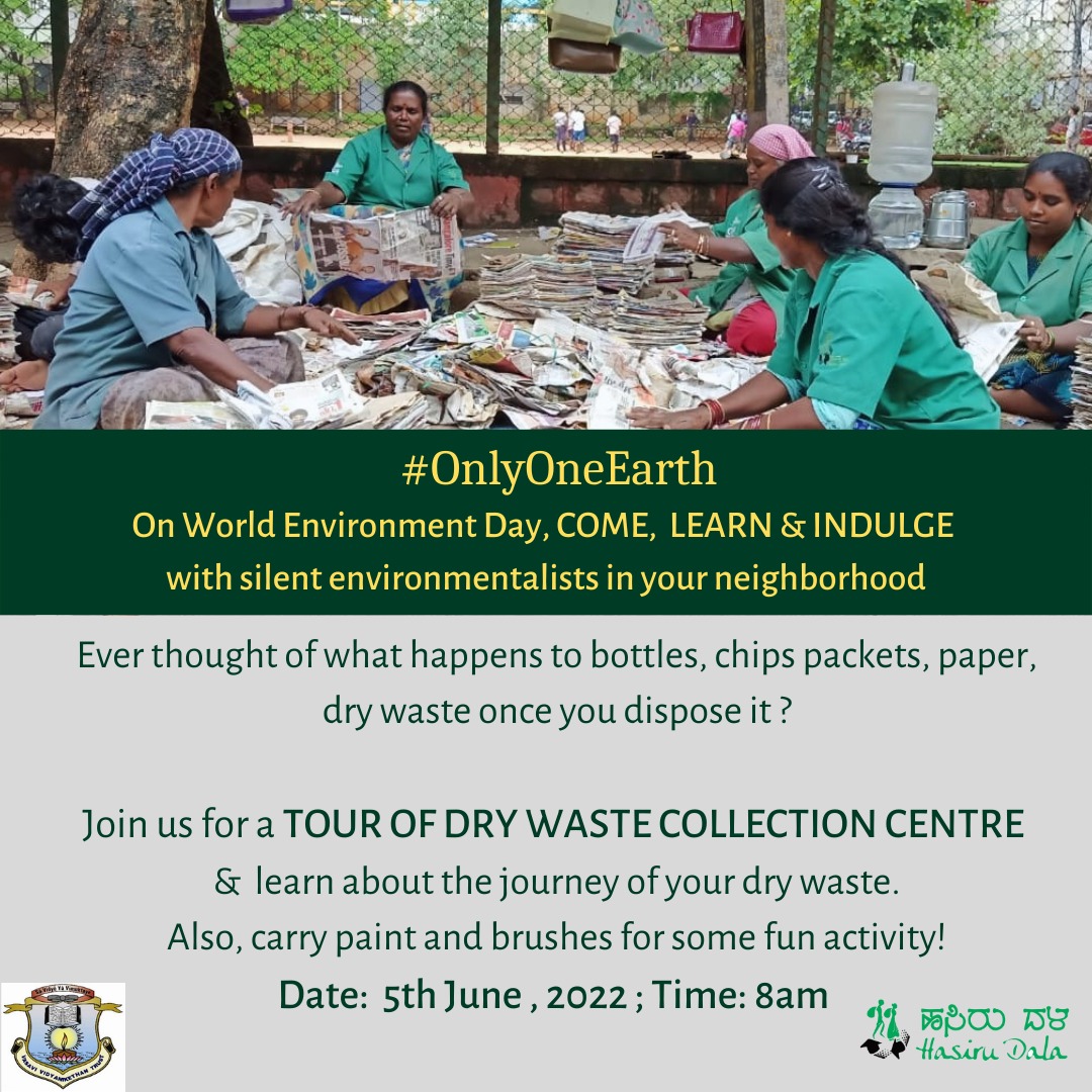 Hasiru_Dala's tweet photo. We have #OnlyOneEarth. One June 5th #WorldEnvironmentDay2022 , come to your local DWCC #drywastecollection centre to learn how we contribute to the fight against #plasticpollution and encourage #zerowaste to landfills. We start at 8 am! 
Follow this🧵to see locations &amp; contact: https://t.co/txZ21WtHMG