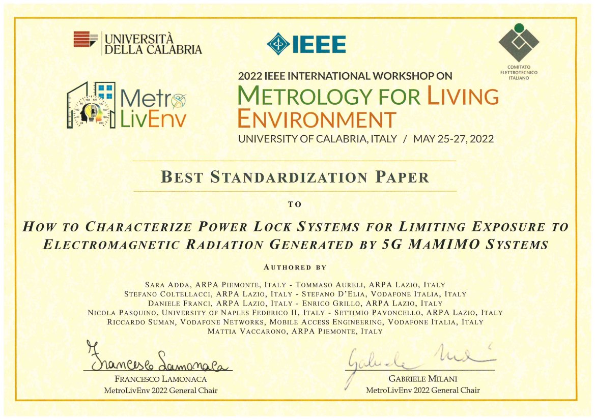 RDAlessio's tweet photo. RT @ARPALazio: Uno studio su #PowerLock #5G, realizzato da tecnici ARPALazio e @ArpaPiemonte con esperti di @UninaIT e @VodafoneIT, è stato premiato come "Best Standardization Paper" al #MetroLivEnv di @IEEEorg che si è chiuso pochi giorni fa: … https://t.co/rNeraoPZqs