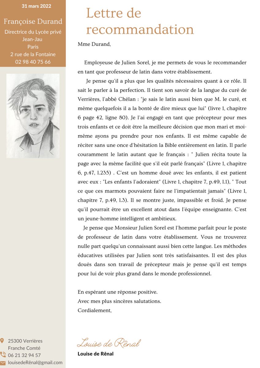 Voici une lettre de Mme de Rênal pour recommander Julien Sorel comme enseignant de latin dans un établissement privé ... #parcoursorel Création et conseils d’Oéna : i-voix.net/2022/05/lettre…