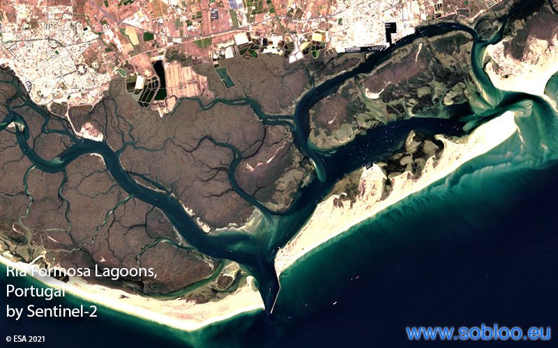 soblooservices's tweet photo. Known as one of the 7 Natural Wonders of Portugal, the Ria Formosa lagoon is a protected area in the Algarve. It is renowned for its constant changes due to the continuous movement of winds, currents and tides. 
👉🏻 Sentinel-2 Data is available from https://t.co/RCu2qxqrqu https://t.co/8YIA40CY2u