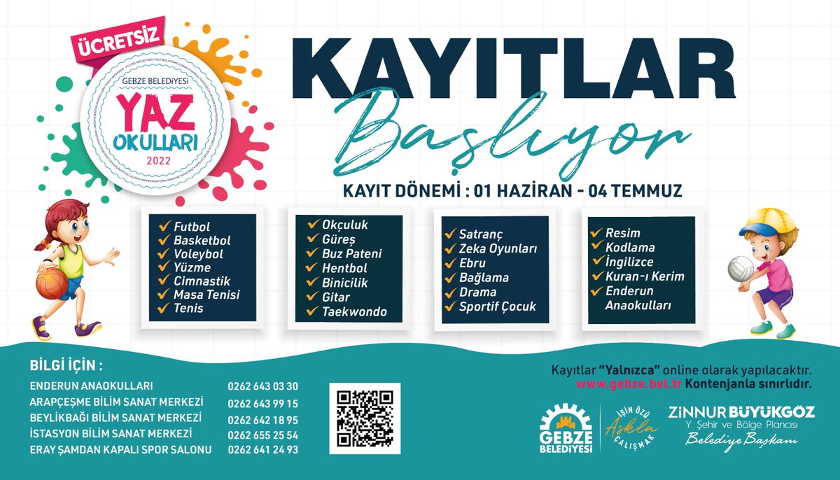 gesmekorg's tweet photo. ❗ Detaylı Bilgi ⬇️
Program/Etkinlik:
*Gebze Belediyesi Yaz Okulları*
Kayıtlar Başlıyor!

Genel Bilgi:
Kayıt Dönemi: *1 Haziran- 4 Temmuz* 
Eğitim Tarihleri: *21 Haziran- 18 Ağustos*
Toplam: *25Branş* https://t.co/pdrO3TIhDK