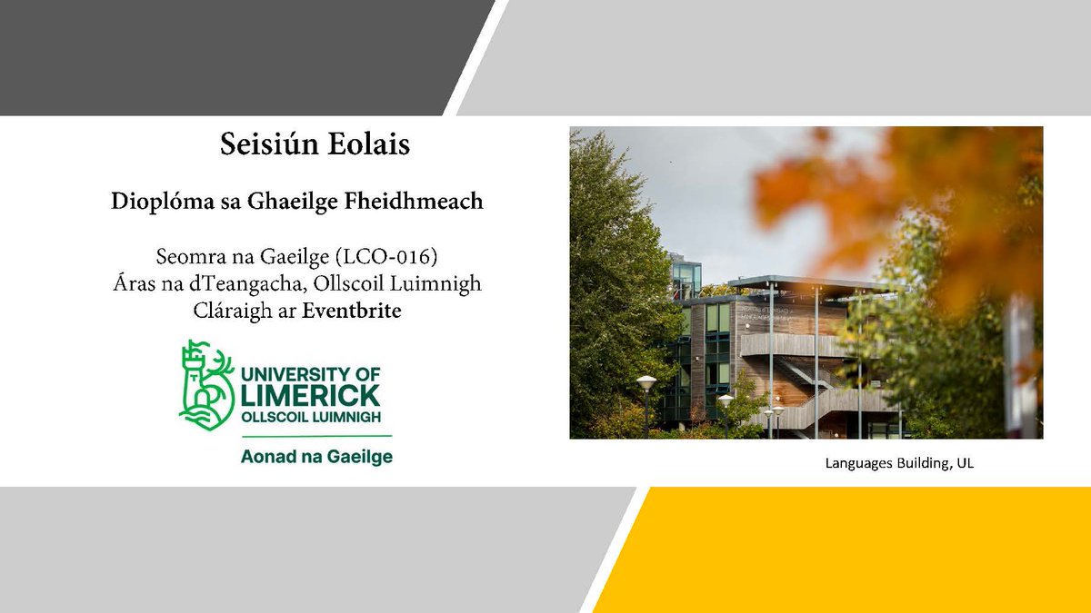Aonad na Gaeilge (@aonadnag) on Twitter photo Tá roinnt ama fágtha chun clárú don Seisiún Eolais anocht @ 19.00 / Still some time left to register for our info session this evening @ 7pm! eventbrite.ie/e/seisiun-eola…
Eolas faoin gcúrsa ul.ie/gps/dioplóma-s… Tá roinnt ama fágtha chun clárú don Seisiún Eolais anocht @ 19.00 / Still some time left to register for our info session this evening @ 7pm! eventbrite.ie/e/seisiun-eola…
Eolas faoin gcúrsa ul.ie/gps/dioplóma-s…