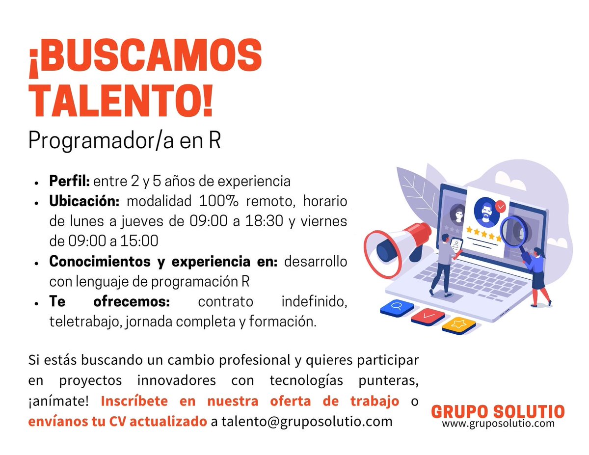 Grupo_Solutio's tweet photo. Seleccionamos, para incorporación inmediata en nuestro equipo en cliente y 100% en remoto, a un/a #Programador con experiencia en desarrollo con #R.
➡Aplica aquí: https://t.co/KMfVXMgvWR
➡Envíanos tu CV a talento@gruposolutio.com
#SolutioTalent #DesarrolladorR #RDeveloper https://t.co/n0WqAJKClM