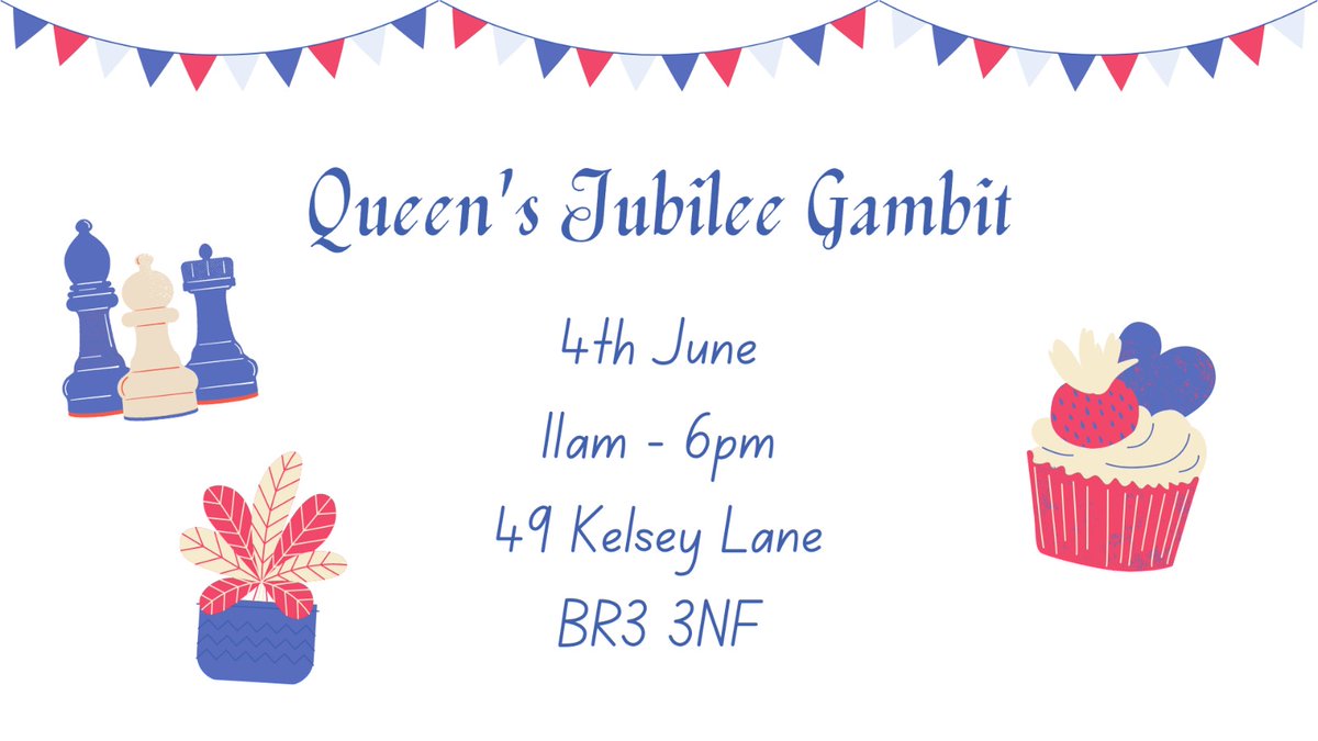 Hannah Lynes (@hannahlynes) on Twitter photo The #QueensJubileeGambit is this Saturday! Join us for #chess, more games, cake and plant sale in #Beckenham to celebrate the #PlatinumJubilee. <a href="/BromleyChess/">Beckenham and Bromley Chess Club</a> <a href="/Beckenham/">BeckenhamTown 🇪🇺</a> @Platinum2022 <a href="/ecfchess/">English Chess Federation (ECF)</a> <a href="/CHESS_Magazine/">CHESS Magazine</a> fb.me/e/1YpMjoBu4. The #QueensJubileeGambit is this Saturday! Join us for #chess, more games, cake and plant sale in #Beckenham to celebrate the #PlatinumJubilee. <a href="/BromleyChess/">Beckenham and Bromley Chess Club</a> <a href="/Beckenham/">BeckenhamTown 🇪🇺</a> @Platinum2022 <a href="/ecfchess/">English Chess Federation (ECF)</a> <a href="/CHESS_Magazine/">CHESS Magazine</a> fb.me/e/1YpMjoBu4.