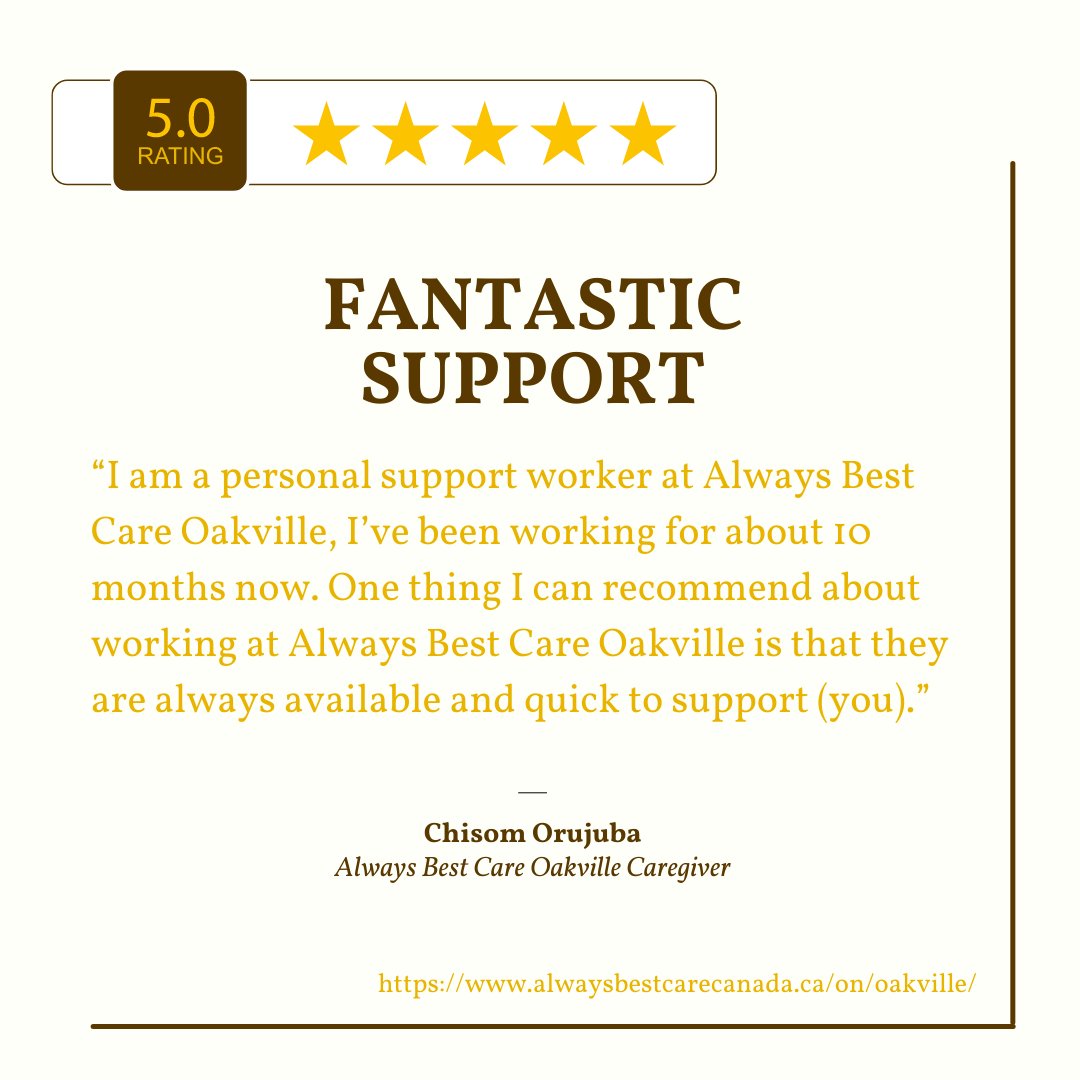 We wanted to share a few kind words from one of our caregivers. ⭐

#SeniorCare #Caregiver #HomeCare #Aging #Elderly #Caregiving #Oakville #Testimonial #ElderlyCare #AlwaysBestCare  #WECANHELP #HomeCare #ClientServices #SeniorServices #KindWords #Review #FantasticSupport