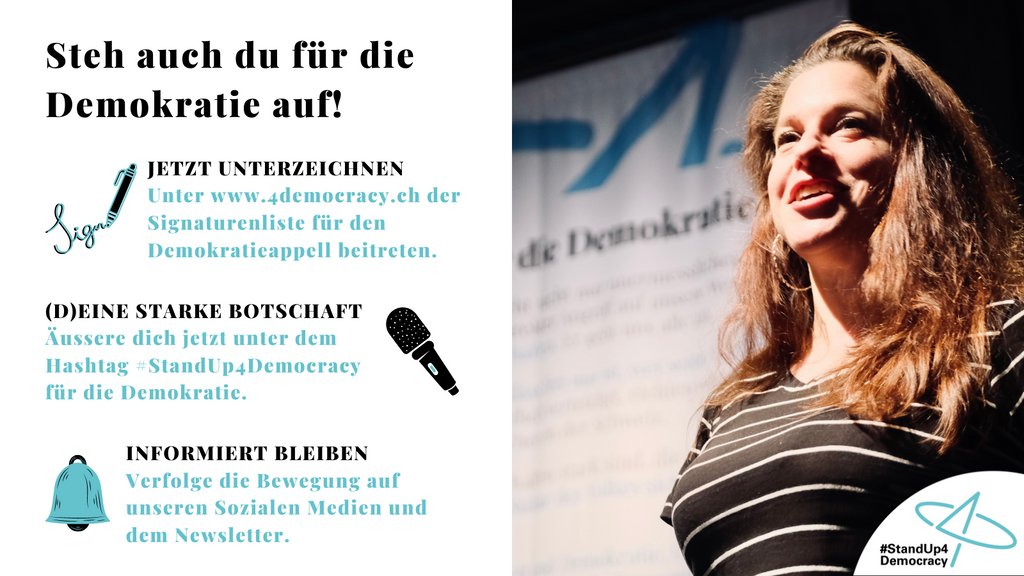 Werde jetzt Teil von #StandUp4Democracy und trage unsere Bewegung mit!

Auf unserer Webseite 🌐4democracy.ch🌐 kannst du den #Demokratieappell mitunterzeichnen✍🏽 und unseren Newsletter abonnieren 📧

#StandUp4Democracy #GeradeJetzt #Demokratie #Democracy