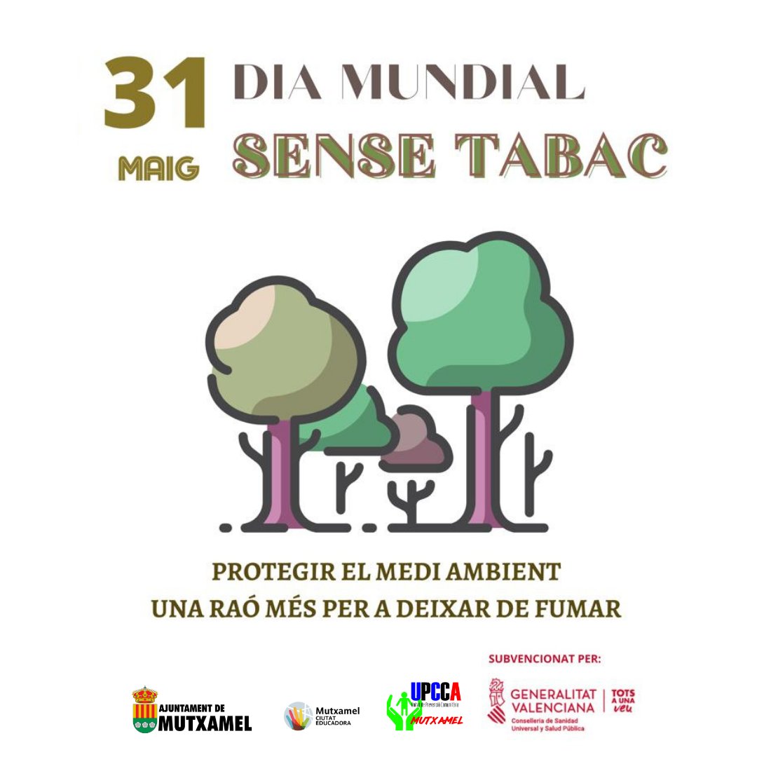 🚭La UPCCA de Mutxamel se suma a la campanya del #diasensetabac que enguany té un doble propòsit: advertir dels efectes perjudicials del tabac tant per a la salut com per al nostre entorn. 
🌍 Protegir el medi ambient és una raó més per a deixar de fumar. 
#mutxamel #upcca
