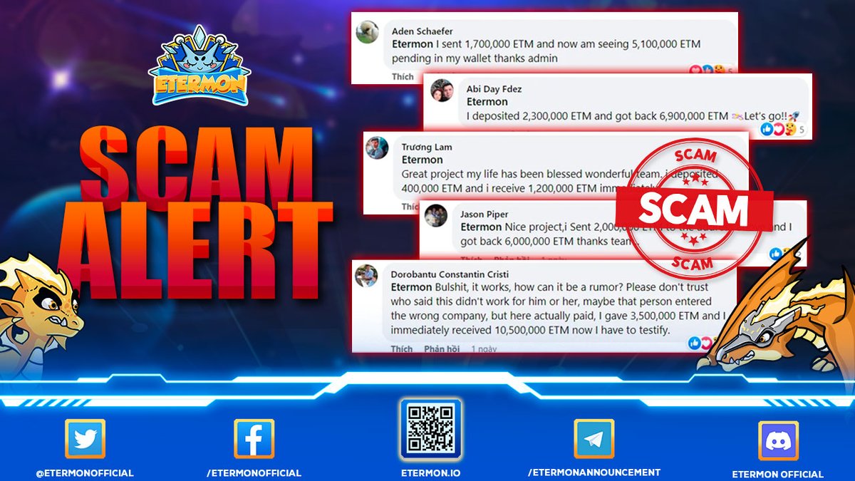 ❗️❗️ Currently, there are people who create fake accounts that send messages and comments about Etermon. Please report them and do not click any link.

❗️❗️Please double check all information updated on our official news platforms to avoid being harmed by those scammers.