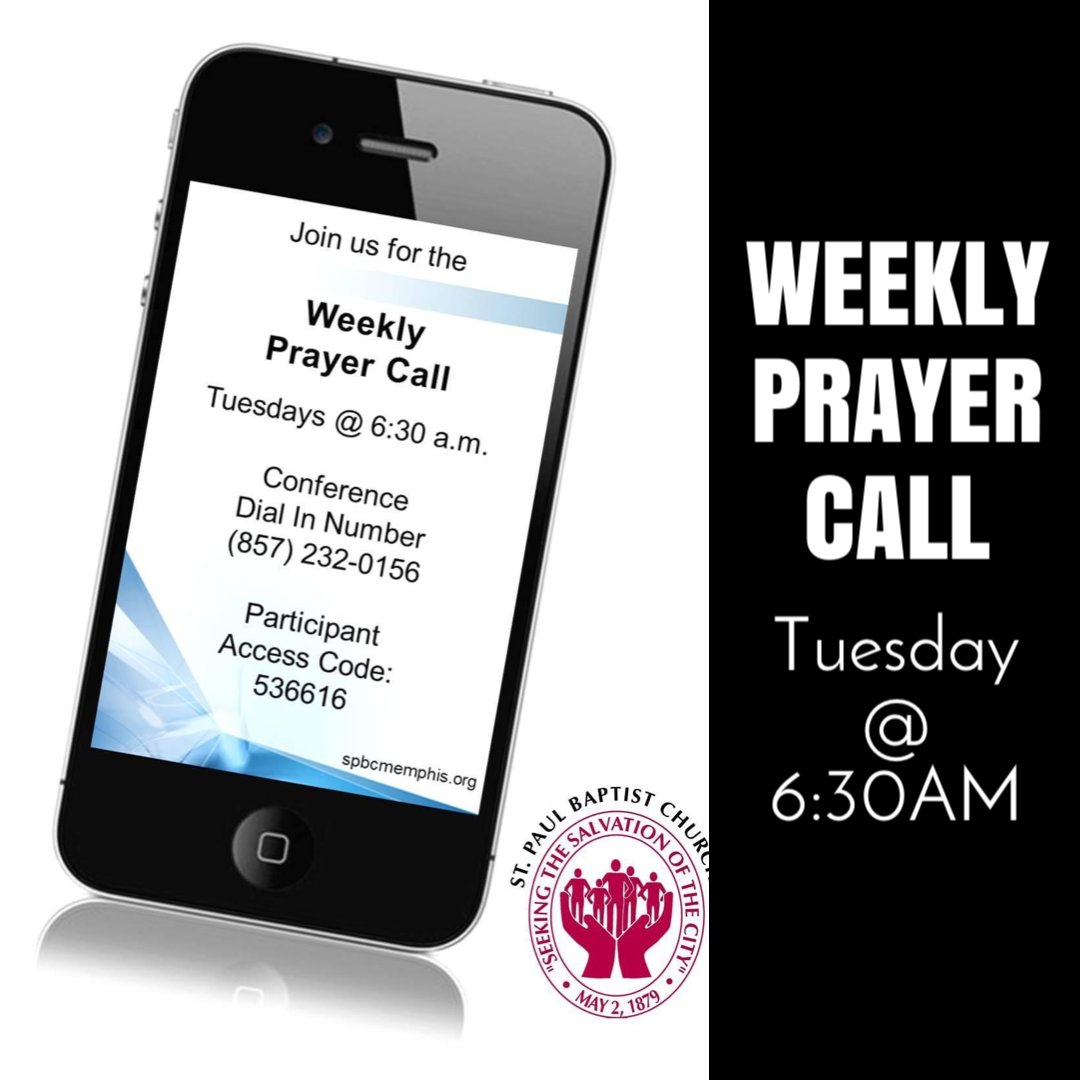 spbcmemphis's tweet photo. Join our weekly prayer call this morning at 6:30 by dialing 1-857-232-0156 and enter Access Code 536616 https://t.co/EB4MM5iFzc