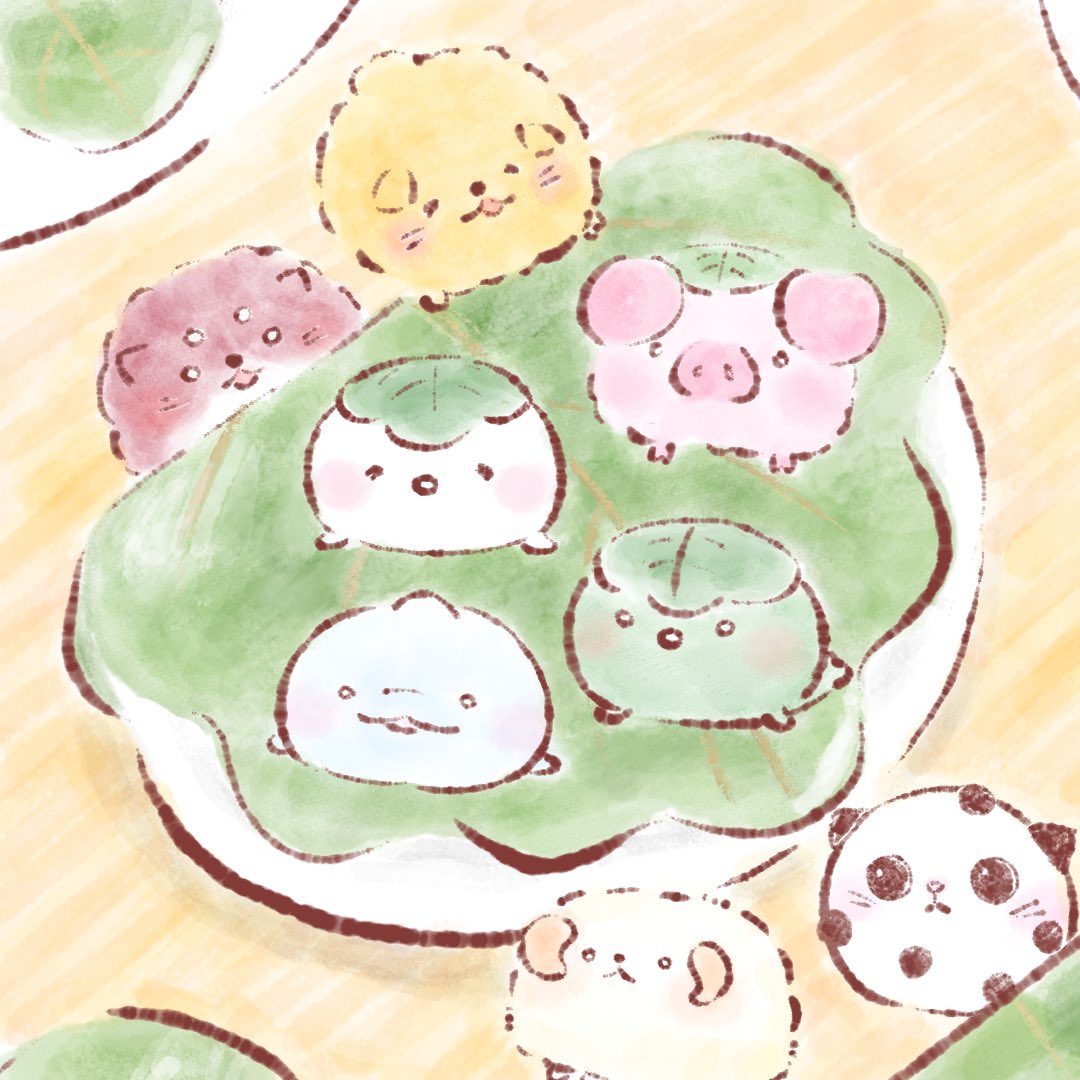 #柏餅 に大集合🐷🍡
#和菓子大好き #和菓子キャラクター #ほのぼの #ゆるいイラスト #パルティ #桜ブタ #さくらぶた