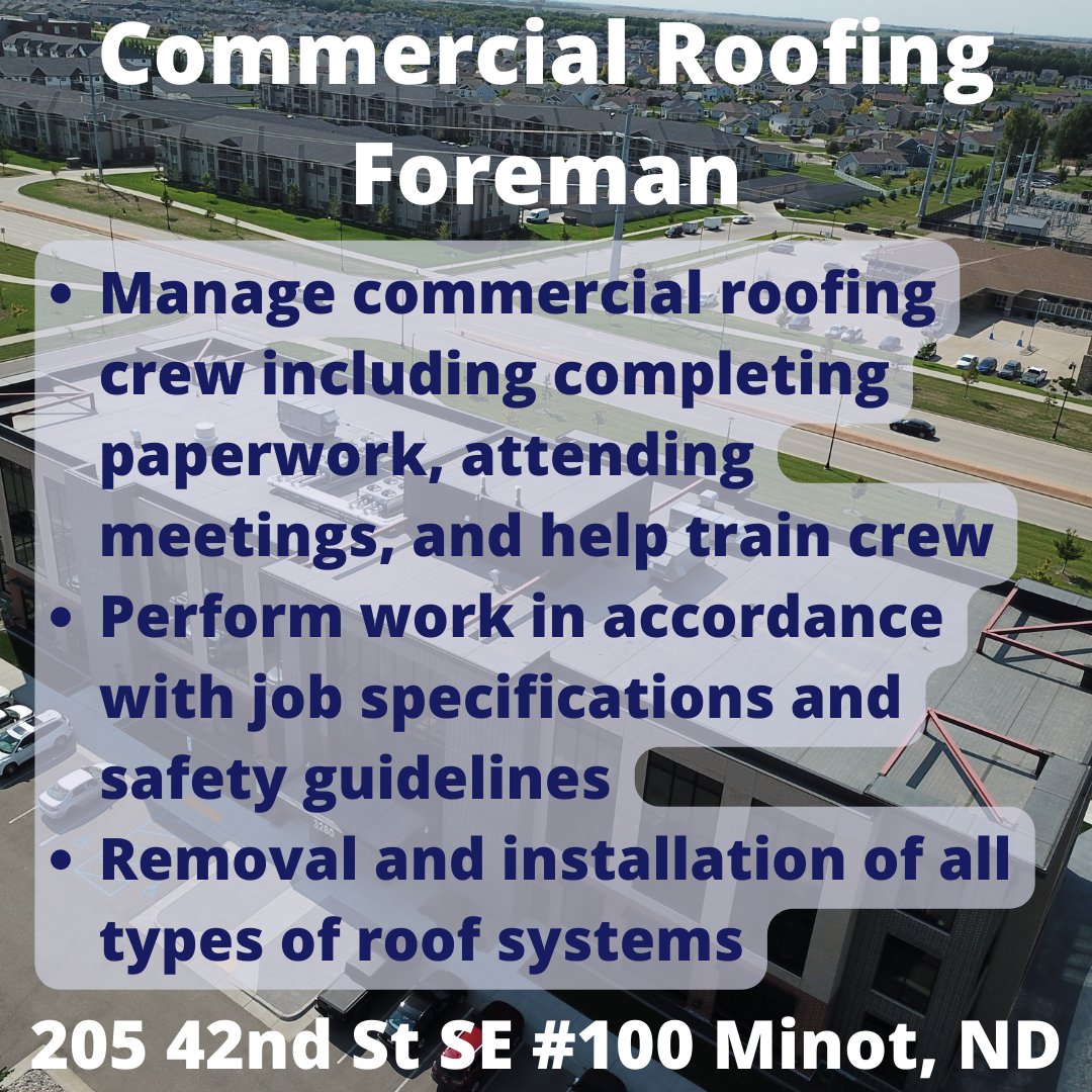 TectaDakotas's tweet photo. Join our Minot team! We are currently hiring a commercial roofing foreman, commercial roofers, boom truck and equipment operators and roofing laborers. Visit the office at 205 42nd St SE #100 in Minot for an in-person application or apply online at https://t.co/vprLW4xwzP https://t.co/Xnj9X7c1HP