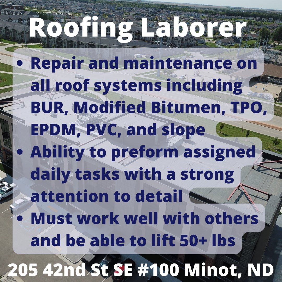 TectaDakotas's tweet photo. Join our Minot team! We are currently hiring a commercial roofing foreman, commercial roofers, boom truck and equipment operators and roofing laborers. Visit the office at 205 42nd St SE #100 in Minot for an in-person application or apply online at https://t.co/vprLW4xwzP https://t.co/Xnj9X7c1HP