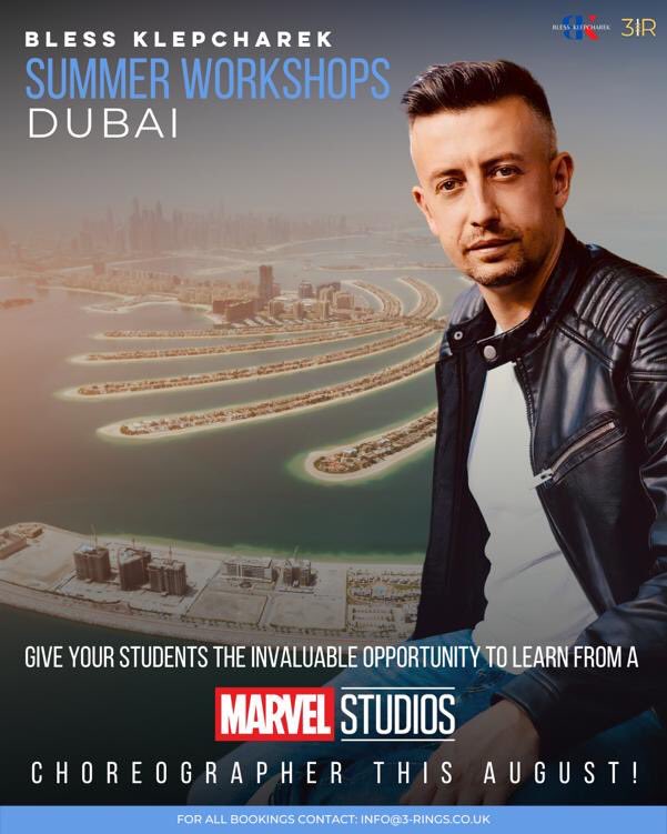 COMING TO DUABI … MARVEL STUDIOS CHOREOGRAPHER AVAILABLE FOR SUMMER WORKSHOPS

3RINGS choreographer @BlessKlepcharek is opening up dates for Summer Workshop bookings in Dubai this August.

For all bookings and enquiries please contact:

info@3-rings.co.uk

#Dubai #DubaiDance