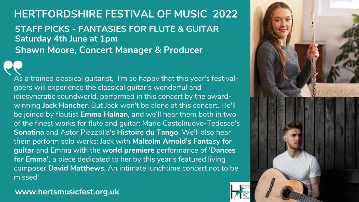 HertMusicFest's tweet photo. .@Shawn_Moore72 highlights Fantasies for Flute & Guitar with @EmmaHalnan & @jackhancher as his pick of this year's festival. Saturday 4 June in Ware https://t.co/PIQ6oqEfKm #flute #guitar #concert #livemusic #hertfordshire #visitherts #VisitWare #Ware https://t.co/B4ExYU8RzT