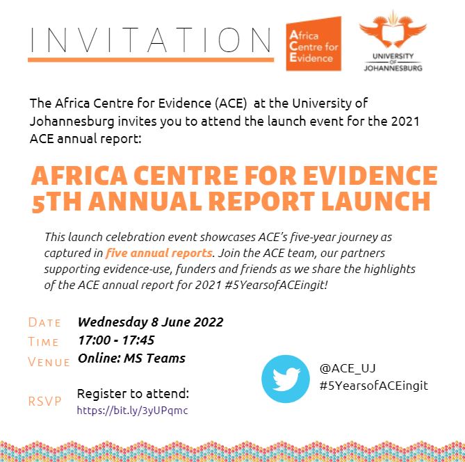 ACE_UJ's tweet photo. 📣Invitation | Join the @USAf_ORG &amp; @HSRCza Medal for Social Sciences and Humanities Award-winning @ACE_UJ team, our partners supporting #evidenceuse, funders, &amp; friends at the launch of the 2021 ACE annual report📈 #5YearsofACEingit!

🗓8 Jun, 5pm SAST
💻https://t.co/yk54EZcdJG https://t.co/QoenNn6BCJ