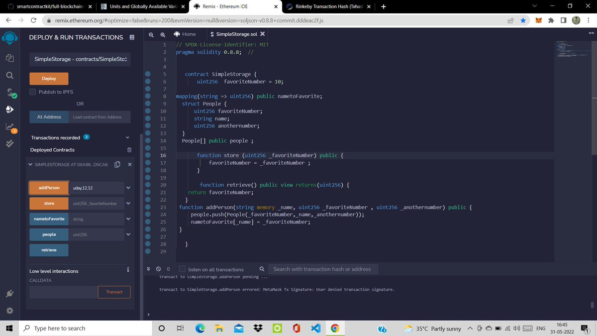 UKuladeep's tweet photo. Yo🎊, Deployed my first Smart contract..
@freeCodeCamp @PatrickAlphaC High five🖐..  
#smartcontracts #SOLIDITY #web3  #remix https://t.co/tZJDE8EMsQ