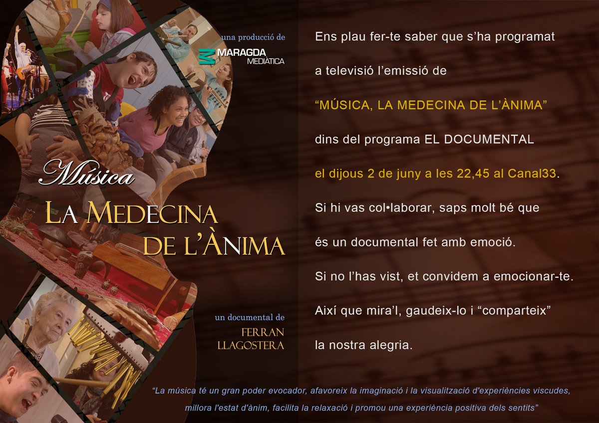 airamina2's tweet photo. Se estrena en televisión el documental “Música, la Medicina del Alma”. El poder terapéutico de la música aplicado a diferentes ámbitos.
JUEVES 2 DE JUNIO, 22:45 CANAL 33 https://t.co/g5VcZvMoLw