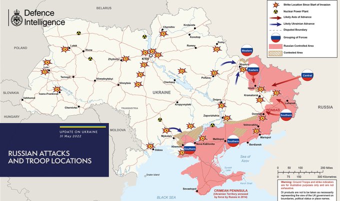 * Alt text for image: Russian attacks and troop locations map  31 May 2022