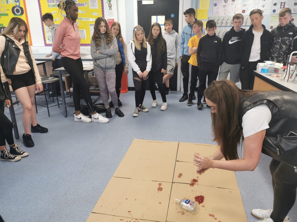 OLHSMScience's tweet photo. Blood spatter analysis! Every drop of blood tells a story #ActivitiesWeekOLHS https://t.co/pTRlXYZQo8