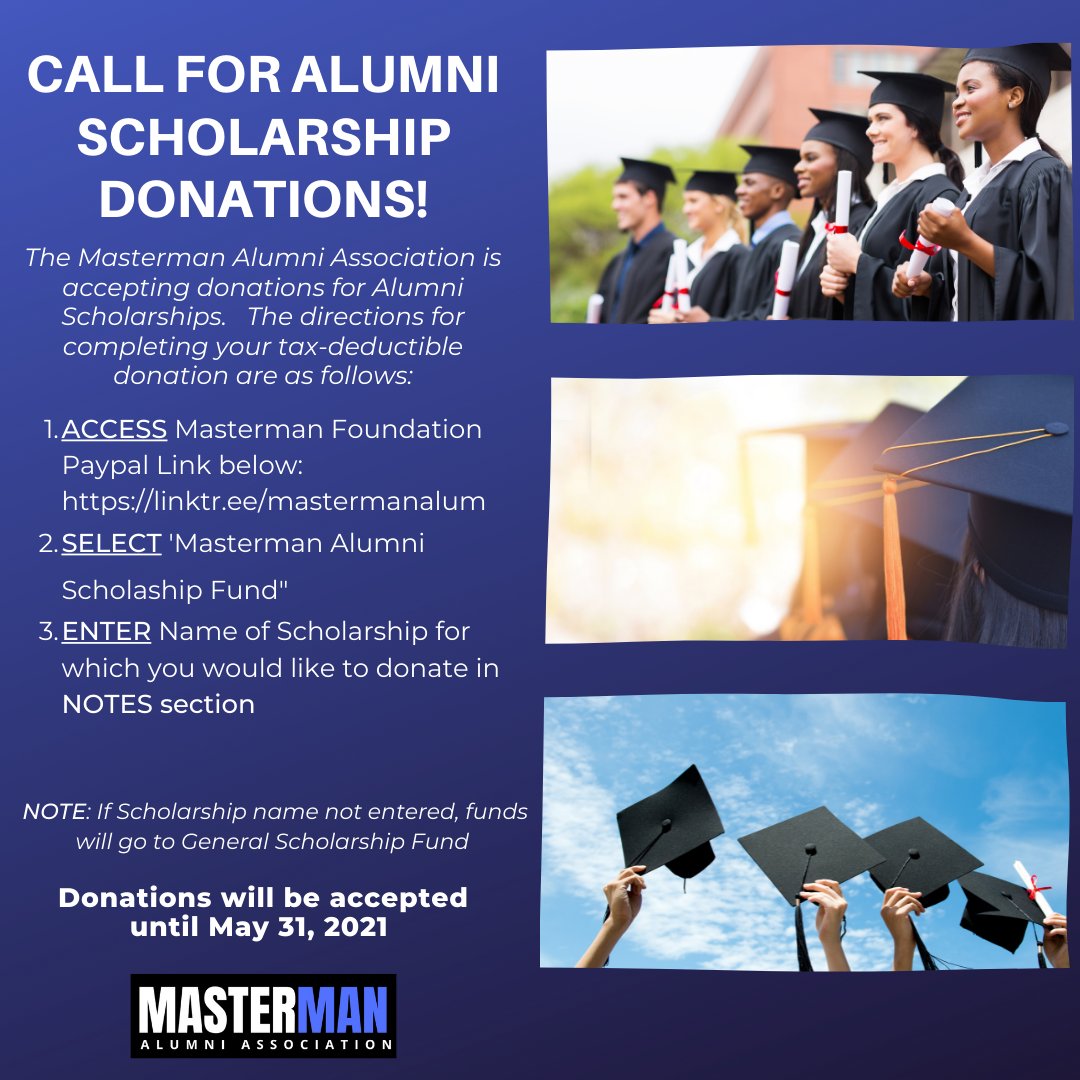 MastermanAlum's tweet photo. TODAY IS THE LAST DAY TO DONATE TO 2022 MASTERMAN ALUMNI SCHOLARSHIPS.   Donate Now On PayPal at https://t.co/JoccmDFM58 https://t.co/y8dEpJZZaK