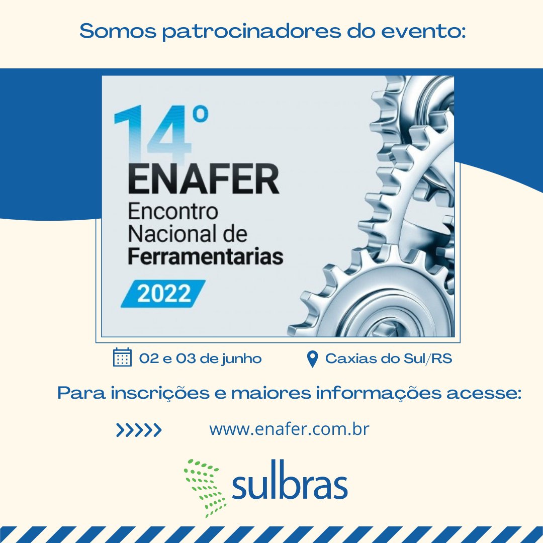 Sulbras's tweet photo. A Sulbras é um dos patrocinadores do 14º Enafer, que esse acontecerá nos dias 02 e 03 de junho em Caxias do Sul/RS.

Para informações sobre programação e inscrições acesse: https://t.co/tsM0qWAvri

#sulbras #moldes #plastico #enafer #ferramentaria https://t.co/J8UAzdlCD6