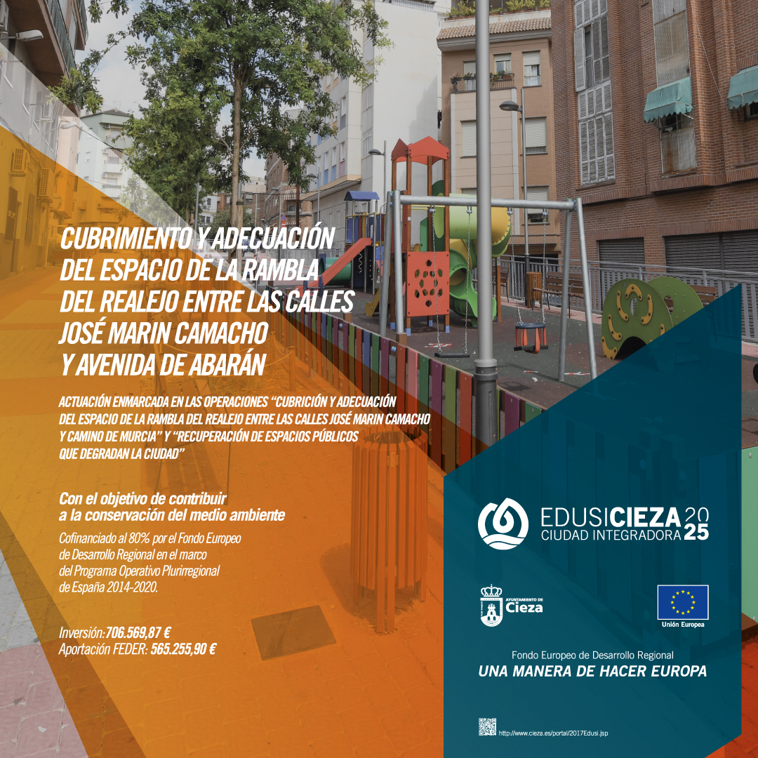 EDUSI Cieza 2025 Ciudad Integradora (@2025cieza) on Twitter photo Cieza tiene ahora un nuevo lugar de encuentro y ocio tanto para adultos como para niños. El <a href="/aytocieza/">Ayuntamiento de Cieza (Murcia)</a> ha terminado las obras de adecuación de la #RamblaDelRealejo.
Presupuesto total de 706.569,87€, de los cuales, 565.255,90 euros han sido financiados por los #FondosFEDER. Cieza tiene ahora un nuevo lugar de encuentro y ocio tanto para adultos como para niños. El <a href="/aytocieza/">Ayuntamiento de Cieza (Murcia)</a> ha terminado las obras de adecuación de la #RamblaDelRealejo.
Presupuesto total de 706.569,87€, de los cuales, 565.255,90 euros han sido financiados por los #FondosFEDER.
