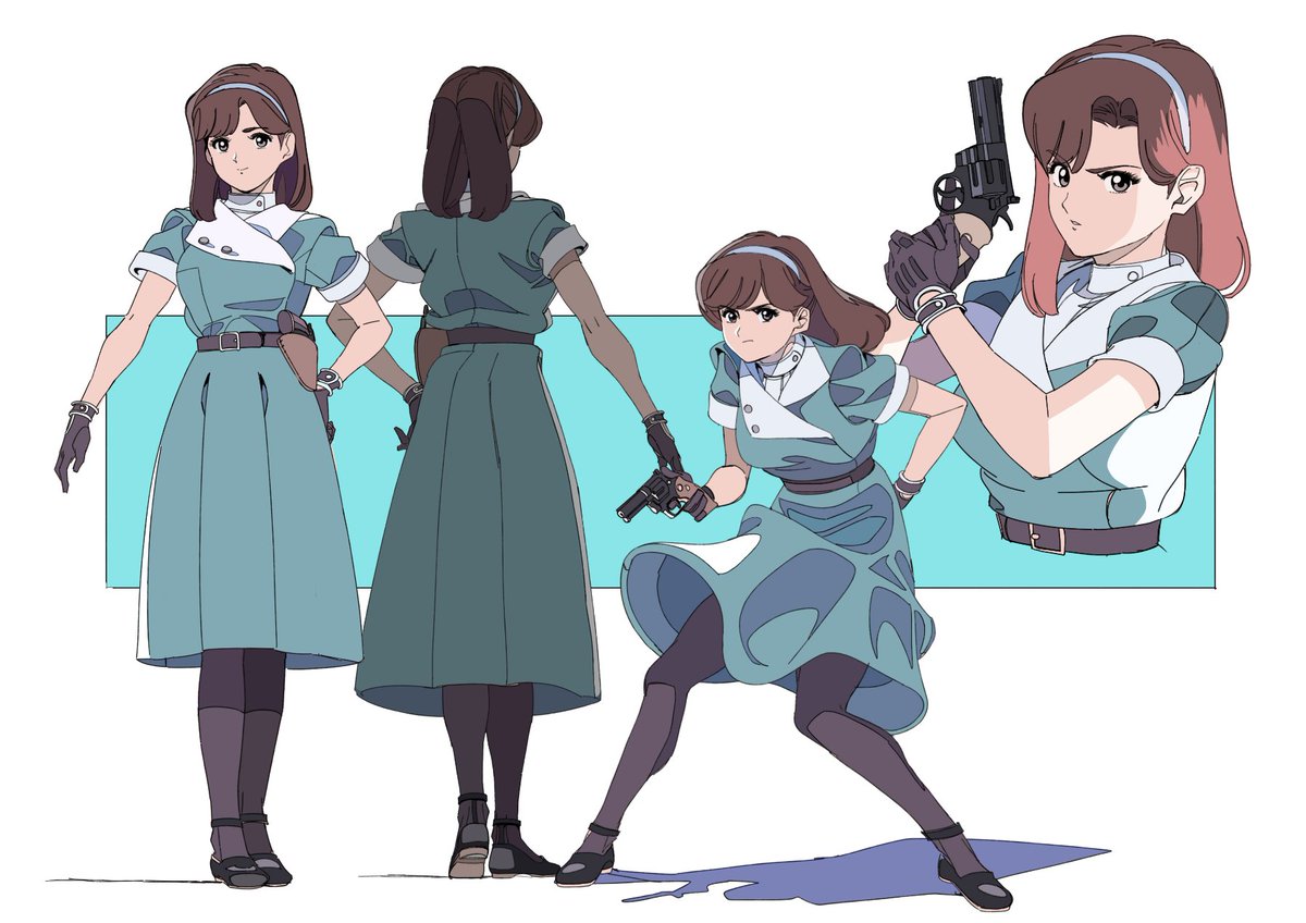 1girl gun weapon pantyhose handgun dress brown hair  illustration images