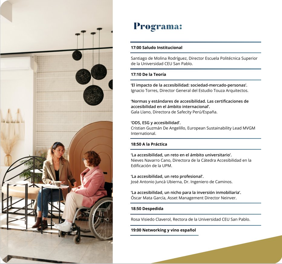 Seis ponencias dinámicas de profesionales como Ignacio Torres  (<a href="/TouzaArquitecto/">Touza Arquitectos</a>), Gala Llano (<a href="/SafeCitying/">SafeCity</a>), Cristian Guzmán De Angelillo (MVGM), Nieves Navarro Cano (<a href="/La_UPM/">Universidad Politécnica de Madrid</a>), José Antonio Juncà Ubierna y Óscar Mata García (<a href="/NEINVER_Group/">NEINVER</a>).
¡Consulta nuestro programa! 👇