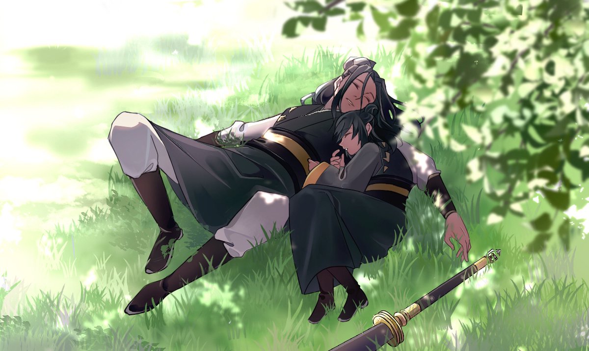 grass sleeping closed eyes sword weapon 1boy lying  illustration images