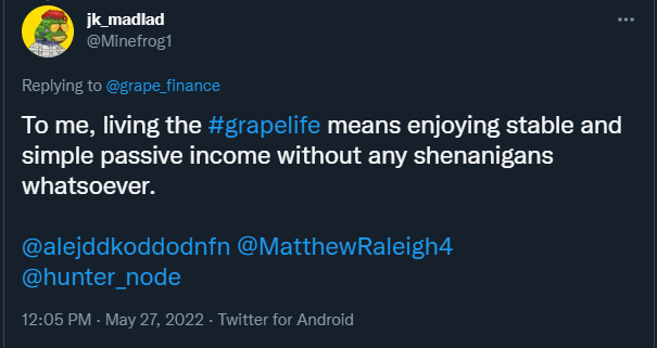 grape_finance's tweet photo. A winner has been chosen!

@Minefrog1 

Summed up the #grapelife in a way we believe many can relate to! 

Thanks soo much for everyone who entered and keep an eye out for the next one!

#AVAX #Avalanche $avax $mim https://t.co/kKvuDzg5SQ