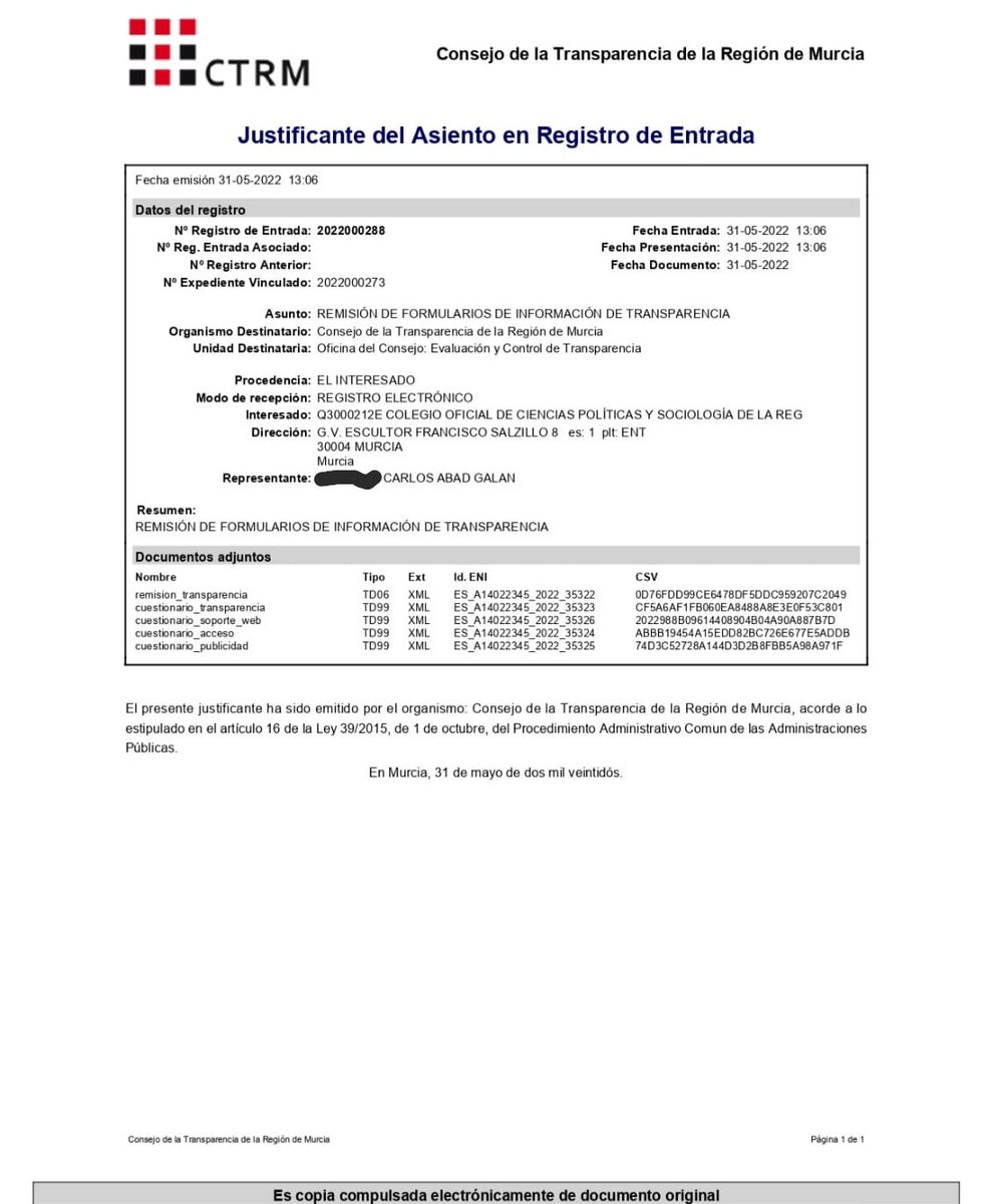 Mostramos nuestra satisfacción por haber realizado el proceso de autoevaluación de la #transparencia promovido por <a href="/ConsejoTRM/">@ConsejoTRMURCIA</a>. Desde nuestra Corporación, reivindicamos la importancia de la #rendicióndecuentas en las #institucionespublicas para crear #certidumbre en la ciudadanía