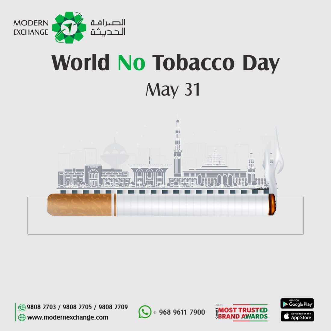 ModernExchangeO's tweet photo. Let’s say NO to tobacco.
Stay healthy, Stay Happy.
#WorldTobaccoDay #SayNoToTobacco #ModernExchange #oman #MEC https://t.co/EBMUwKOpmp