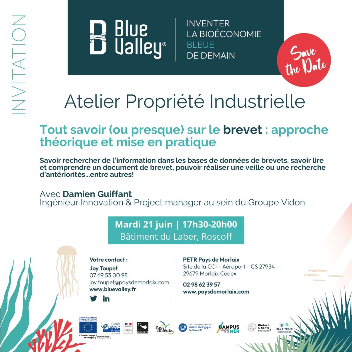 📢[EVENEMENT] Atelier Propriété Industrielle: "Tout savoir (ou presque) sur le #brevet" ! Mardi 21 juin 2022, 17h30 - 20h00, Bâtiment du Laber, Roscoff. Avec #CabinetVidon et #BlueTrain. Les inscriptions, c'est par ici👉lnkd.in/eewhpruR