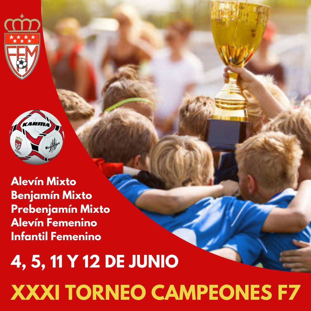 🔥 ¡Vuelve el torneo de campeones Fútbol 7! Una temporada más repartido en dos fines de semana en distintas sedes 

📆 4,5,11, y 12 junio
#XXXICampeonesRFFM
