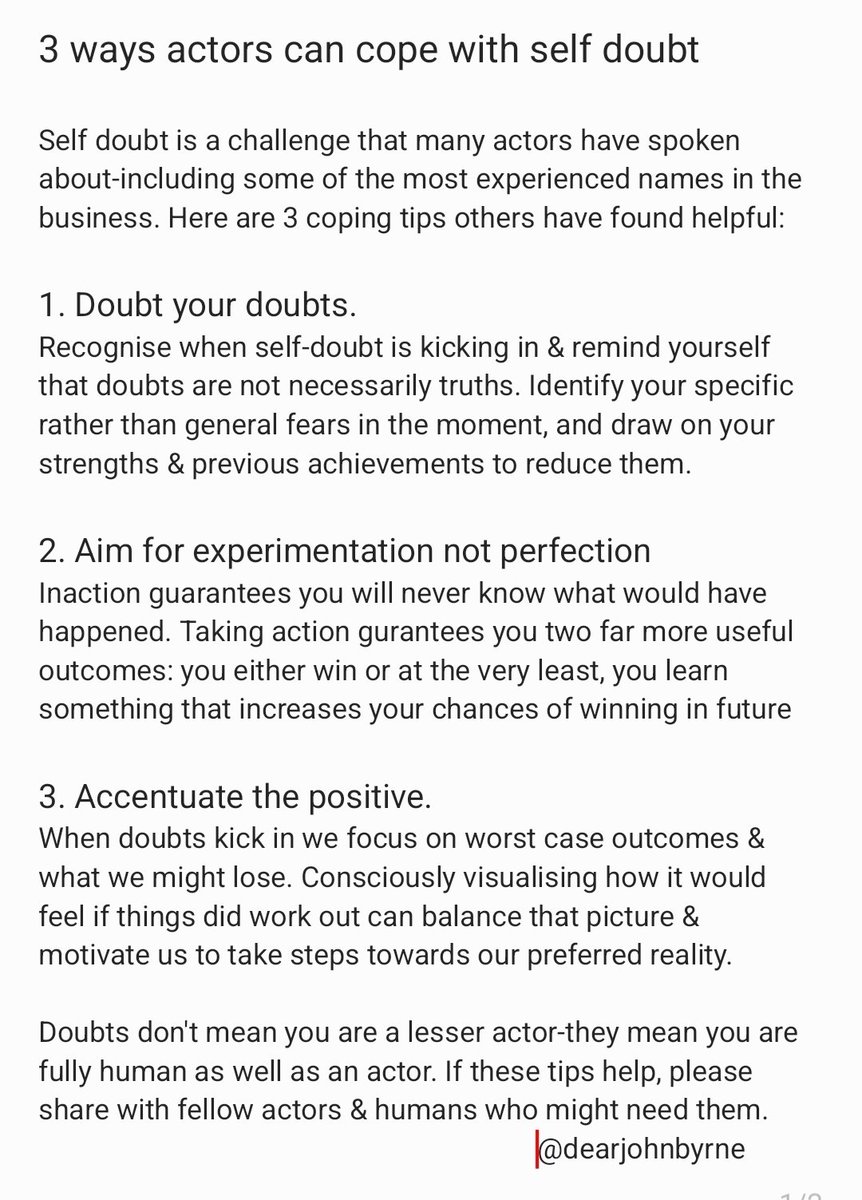 Self-doubt is a challenge that many #actors have spoken about-including some of the most experienced names in the business. Here are the 3 coping tips that help me most. What are yours?