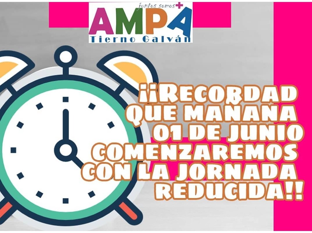 AMPA_TG_3C's tweet photo. Mañana comienza el mes de junio, y con él vuelve la jornada reducida.
Recordad que el horario será de 9.00 a 13.00h para aquellos alumnos que no utilicen el servicio de comedor y de 9.00 a 15.00 los que sí que coman en el colegio.
¡Ánimo que ya queda poco!
@cpttiernogalvan3cantos https://t.co/GnXvOfMXCa