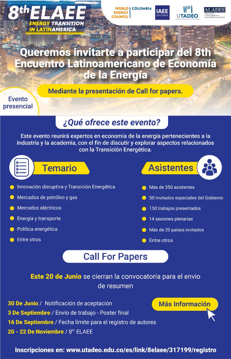 📢 ¡Call for papers abierto!

Participá del 8th. Encuentro Latinoamericano de Economía de la Energía. 

Más información ➡️ utadeo.edu.co/es/8elaee