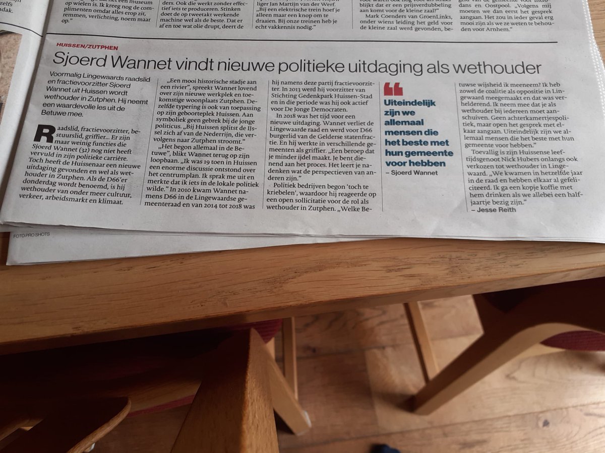 In de <a href="/dgbetuwe/">De Gelderlander</a> is ook nog aandacht besteed aan mijn voordracht als wethouder door <a href="/D66Zutphen/">D66 Zutphen</a>. 

Uiteindelijk ben ik politiek begonnen met het centrumplan Huissen en bij <a href="/D66Lingewaard/">D66 Lingewaard</a>. 

Nu op naar het nieuwe avontuur :)
